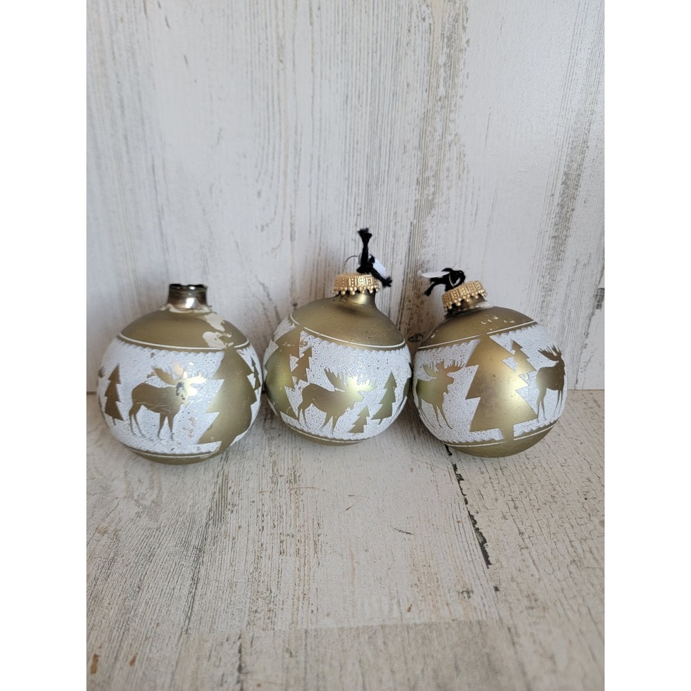Vintage reindeer AS IS gold ball ornament Xmas blown glass Xmas set